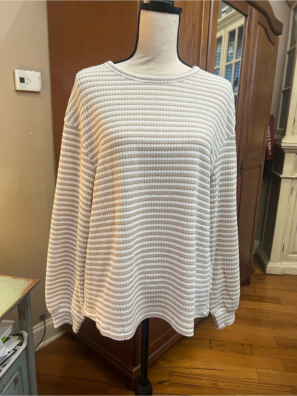 Beige Striped Knit Long-Sleeve Top